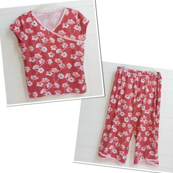 Garnet Hill Asian Wrap Set Top (M) Cropped Pant ( L) Pajama Set Organic Cotton - Picture 1 of 15